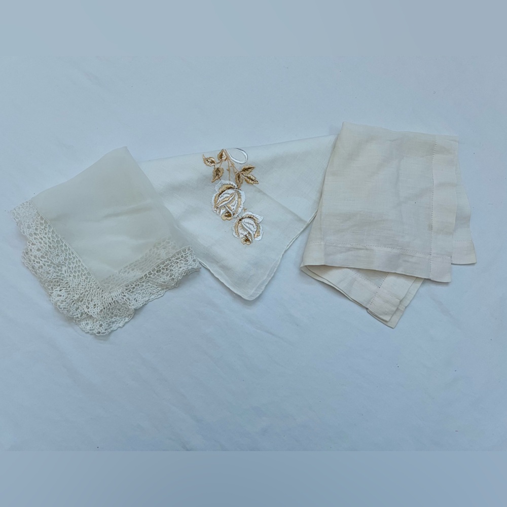 Vintage Handkerchiefs Lot of 3 Mixed White or Cream Lightweight Embroidery Lace
